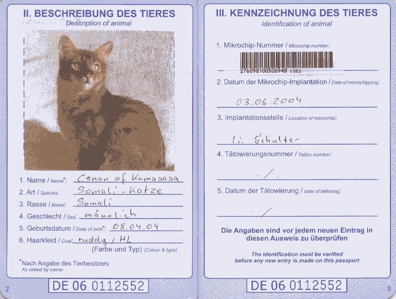 EU Pet passport No. DE 06 0112552