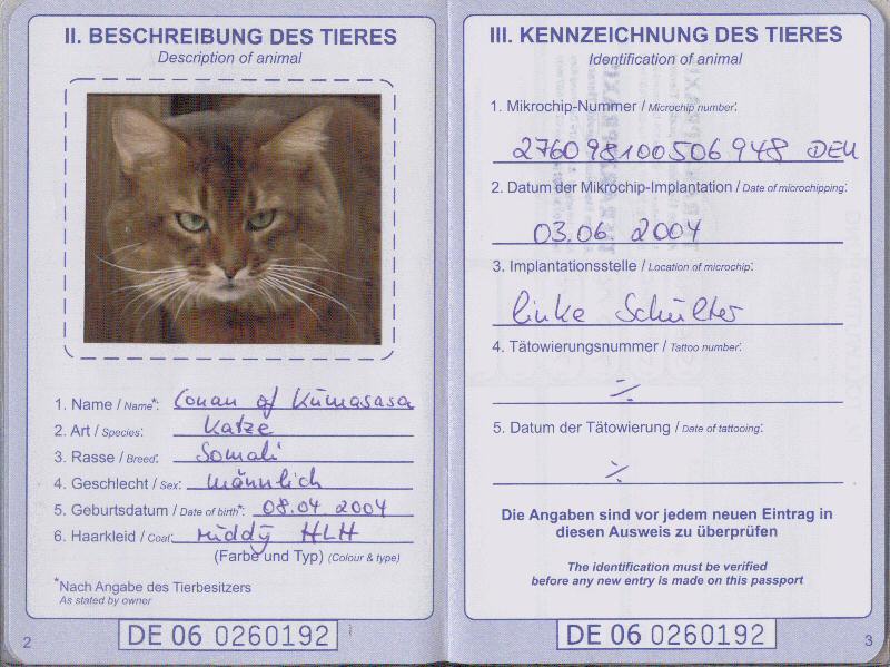 EU Pet passport No. DE 06 0260192