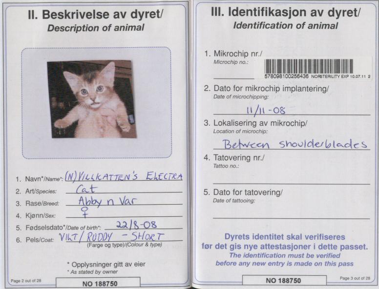 NO/EU Pet passport No. NO-188750