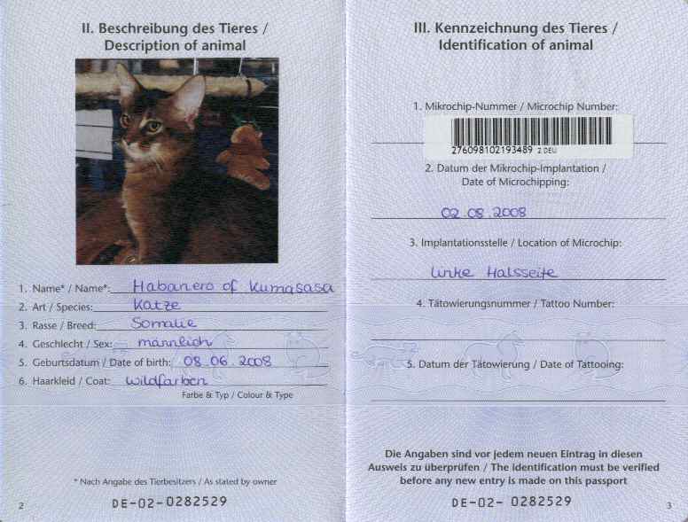 EU Pet passport No. DE 02 0282529