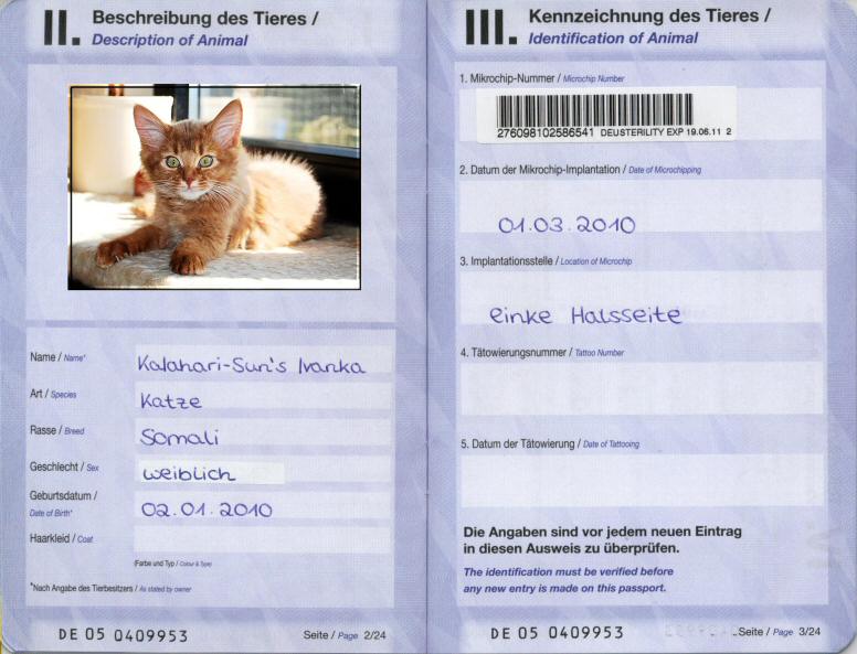 EU Pet passport No. DE-05-0409953