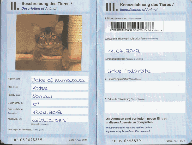 EU Pet passport No. DE 05 0698839
