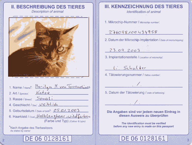 EU Pet animal passport No. DE 06 0128161