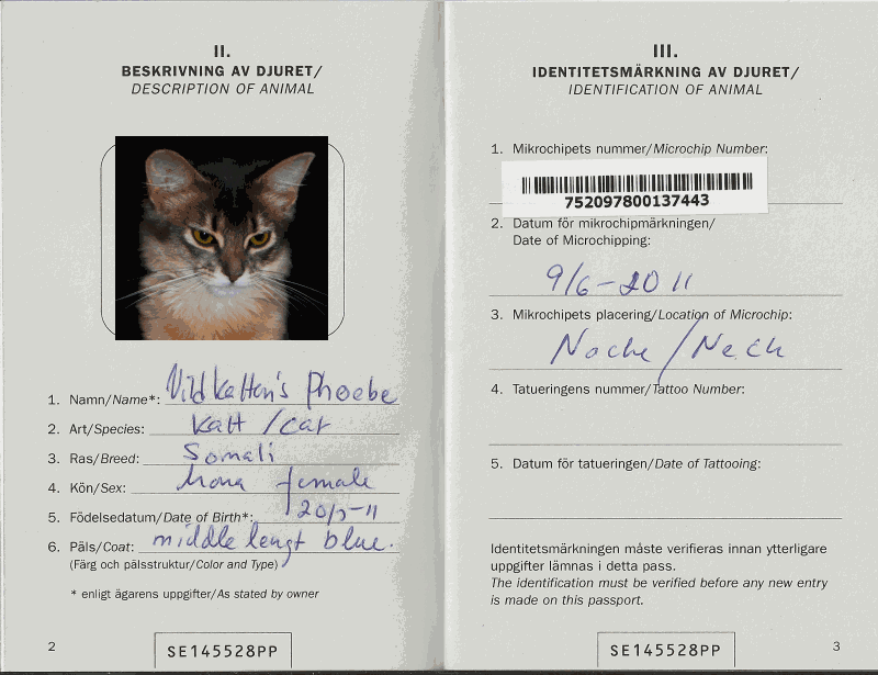 EU Pet passport No. SE145528PP