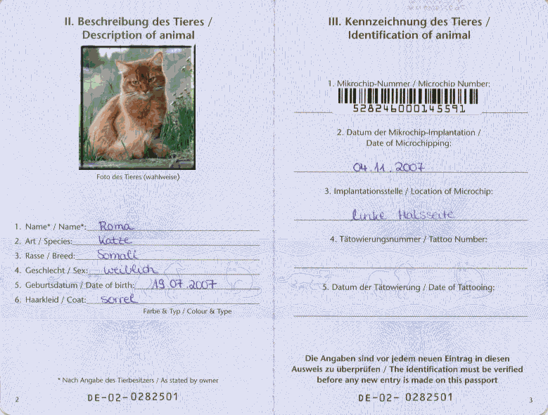 EU Pet passport No. DE-02-0282501